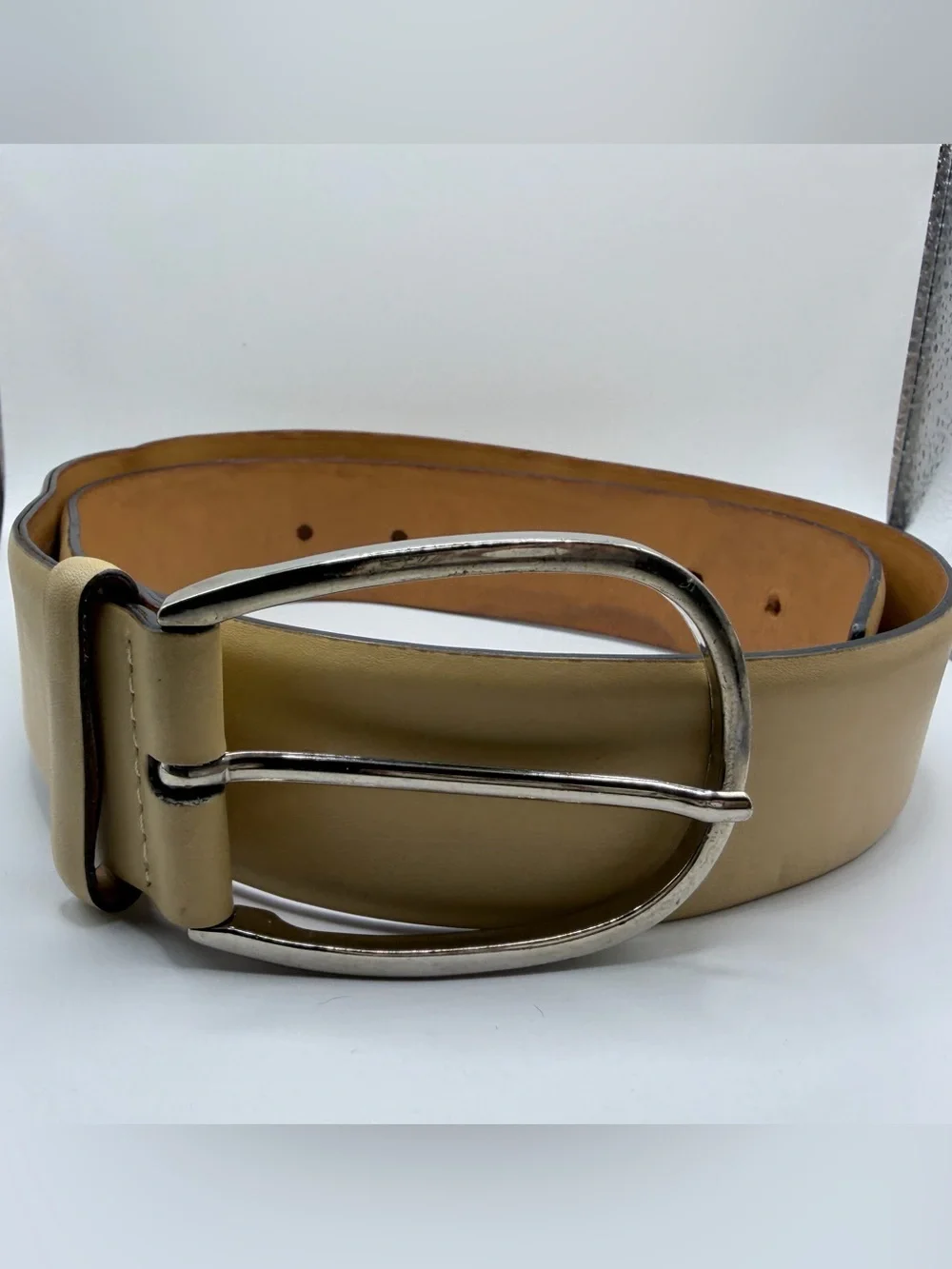 Ralph Lauren Made in Italy Ivory Leather Wide Belt Silver Buckle Size M